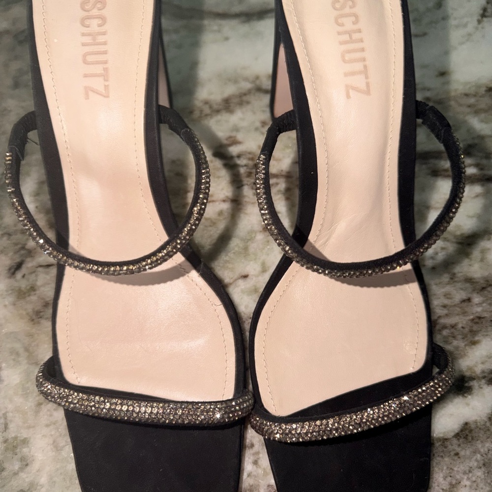 Schutz Black Crystal-Embellished Strappy Sandals